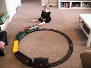 Here's Amelie playing with Bryce's childhood train set. 