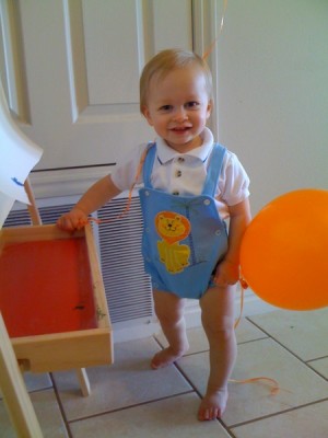In another Bryce outfit. The shirt is ours and the only one I could think of to use that day, but I love the shortalls. Nothing cuter than chubby little baby legs!