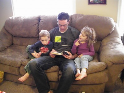 Reading Charlotte's Web with Daddy. Bryce has made it a habit to read with the kids every evening and I love it. I think they're really enjoying it, too. What book should we read next I wonder?