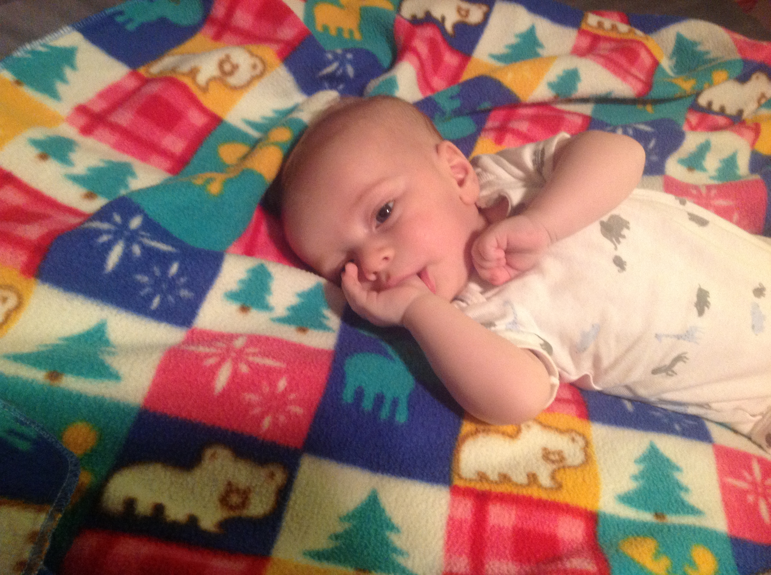 He's found his thumb. I know we'll have to deal with weaning him from it eventually, but for now, it's so cute! And it helps him self-soothe, so that's great.