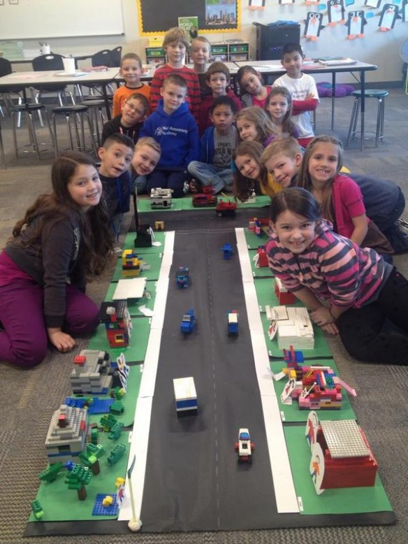 The LEGO neighborhood her class made.