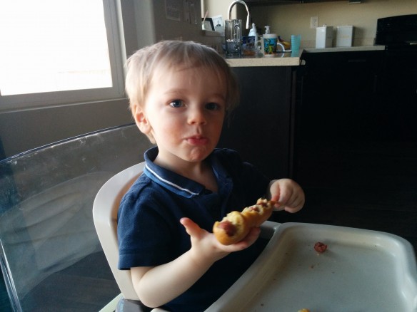 Thank you for having me. Today, as you can see, we are working with a common corn dog. The specimen is of average size and length and coated in a corn-based crust.