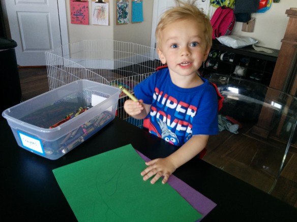 Liam feels extra powerful in his Super Grover shirt from Grandma Haymond. He asks to wear it specifically.